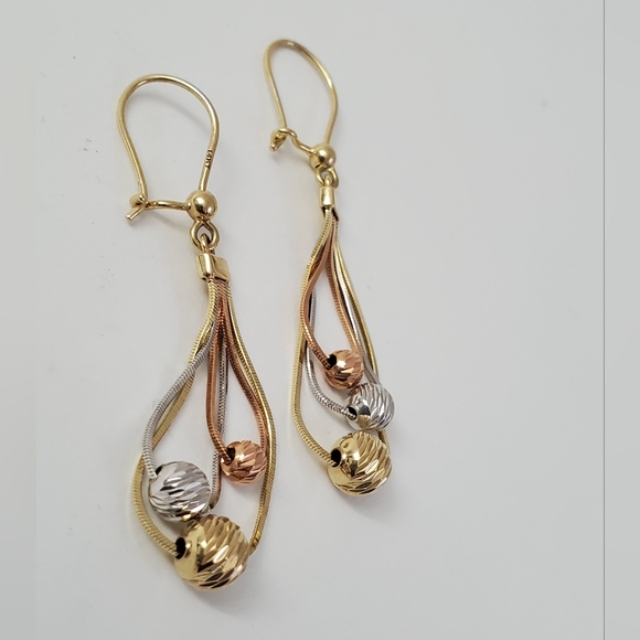 14K Gold Tricolor Bead Cascading Earrings - Picture 6 of 8